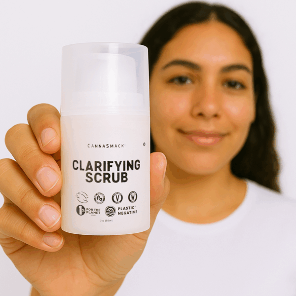 cannasmack clarifying scrub model and product photo