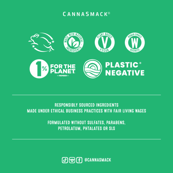 CannaSmack is proud to be cruelty-free, made in the usa, woman owned, certified plastic negative product, and a member of 1% for the Planet