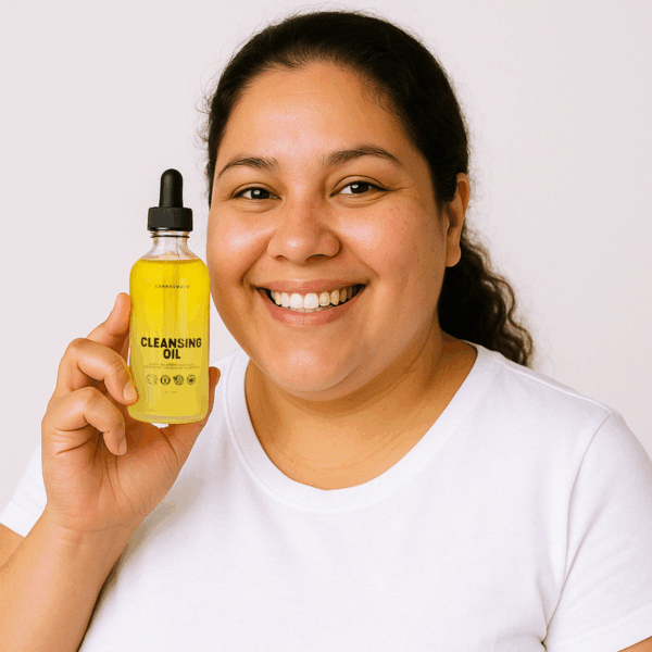 cleansing oil product feature with happy Hispanic model