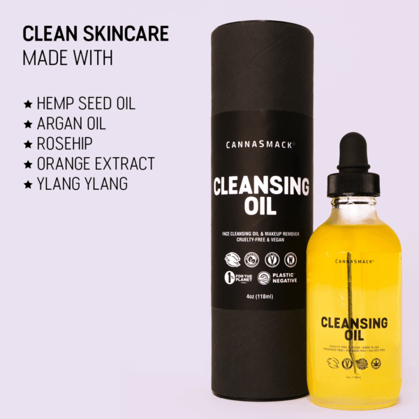 cannasmack cleansing oil is made with hemp seed oil, argan oil, rosehip, orange extract, and ylang ylang