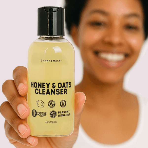 honey and oats facial cleanser close up with model in the background